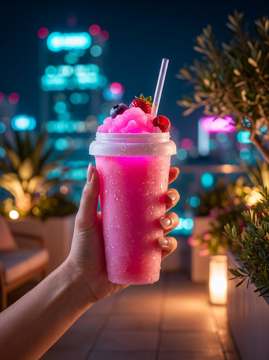 Vaso Slushify NeoFrost con granizado rosa en una terraza nocturna
