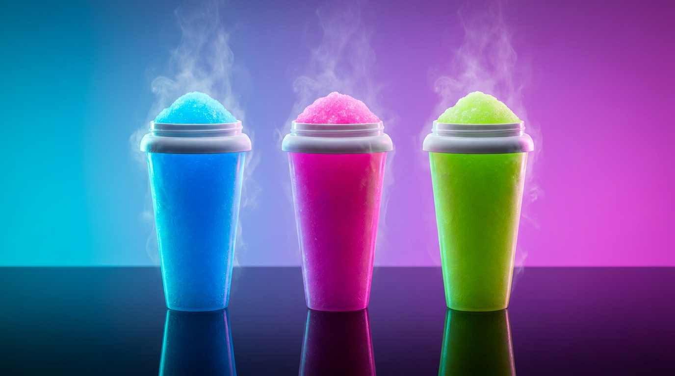 Tres vasos Slushify NeoFrost con granizado azul, rosa y verde