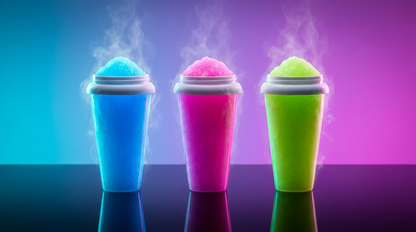 Tres vasos Slushify NeoFrost con granizado azul, rosa y verde